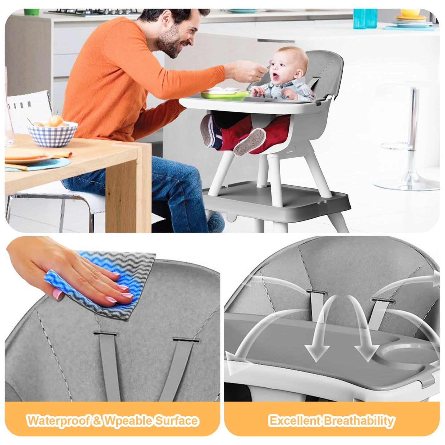 Yadala High Chair, 6 in 1 Convertible High Chairs with Removable Tray for Babies and Toddlers, Gray