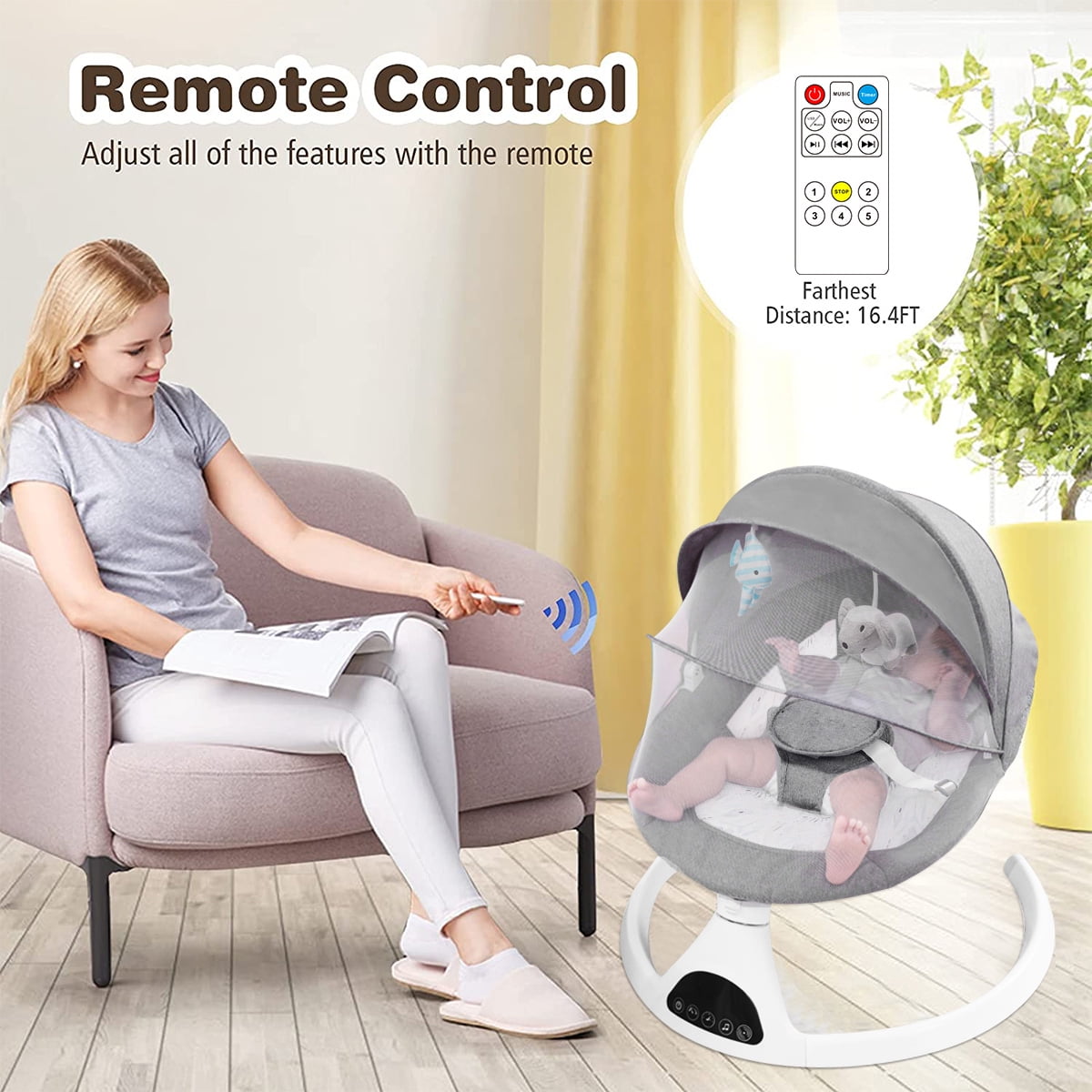 Baby Swing, Yadala Baby Swings for Infants Electirc Baby Rocker Bouncer with Remote Control and Music, Gray