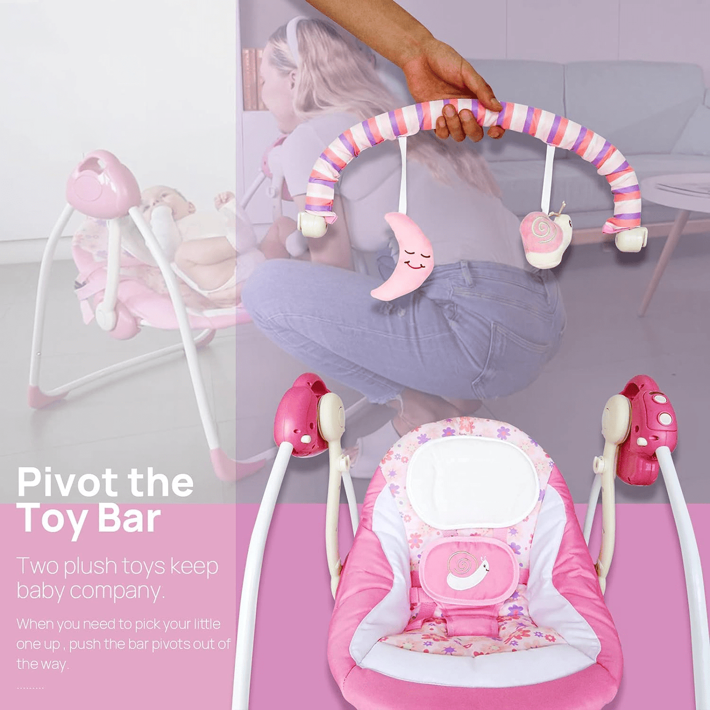 Yadala Baby Swing, Foldable Baby Swing for Infants with Adaptable Speeds, Music, 0-9 Months, Pink