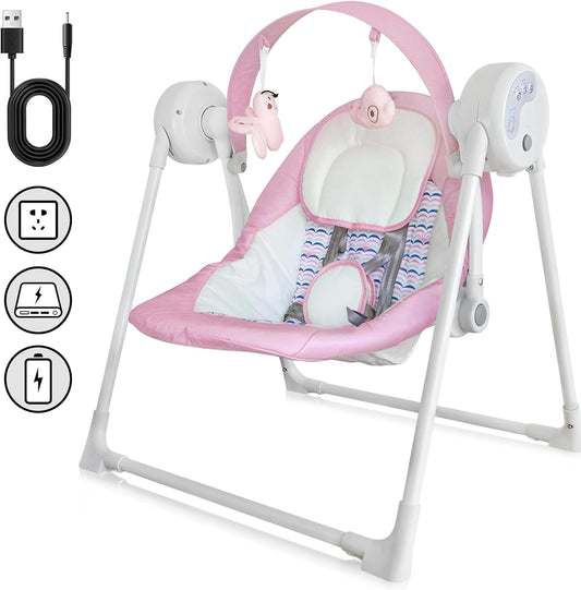 Yadala Baby Swing, Foldable Baby Swing for Infants with 5 Adaptable Speed, 12 Music, 3 Timer Setting, 0-12 Months, Pink