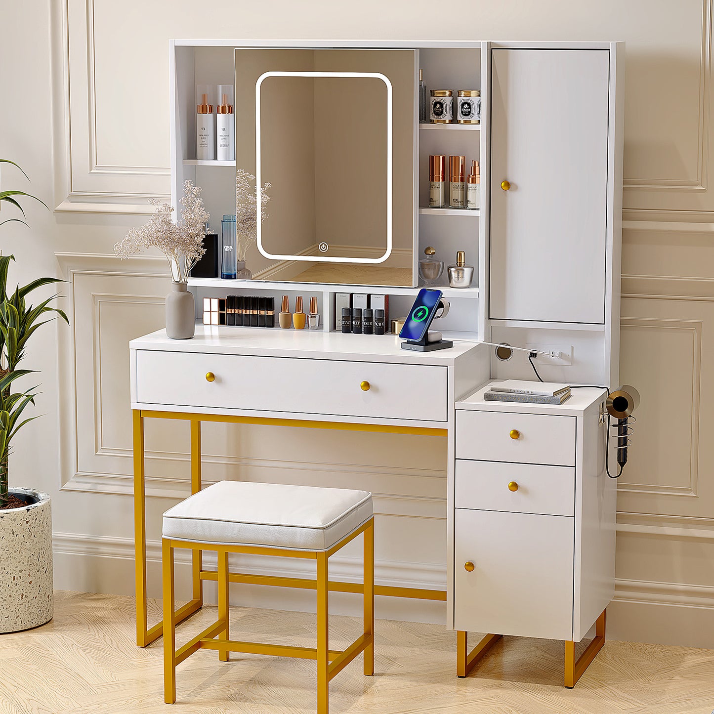 Vanity Set with Lighted Mirror, VIPLIVE Vanity Desk with Charging Station, Dressing Table Makeup Desk with Stool