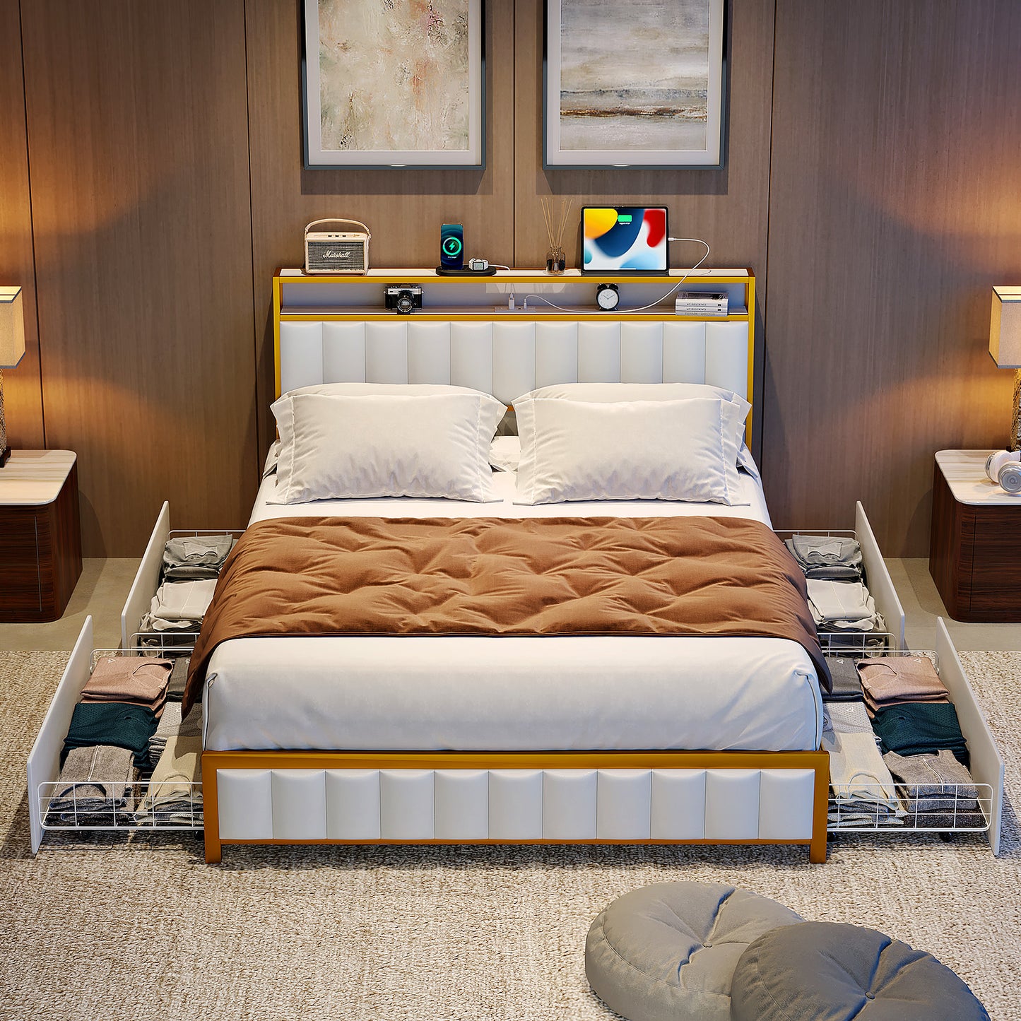 VIPLIVE Queen Bed Frame with Double Layer Faux Leather Upholstered Headboard and 4 Storage Drawers