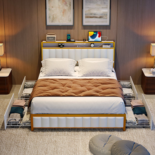 VIPLIVE King Bed Frame with Double Layer Faux Leather Upholstered Headboard and 4 Storage Drawers