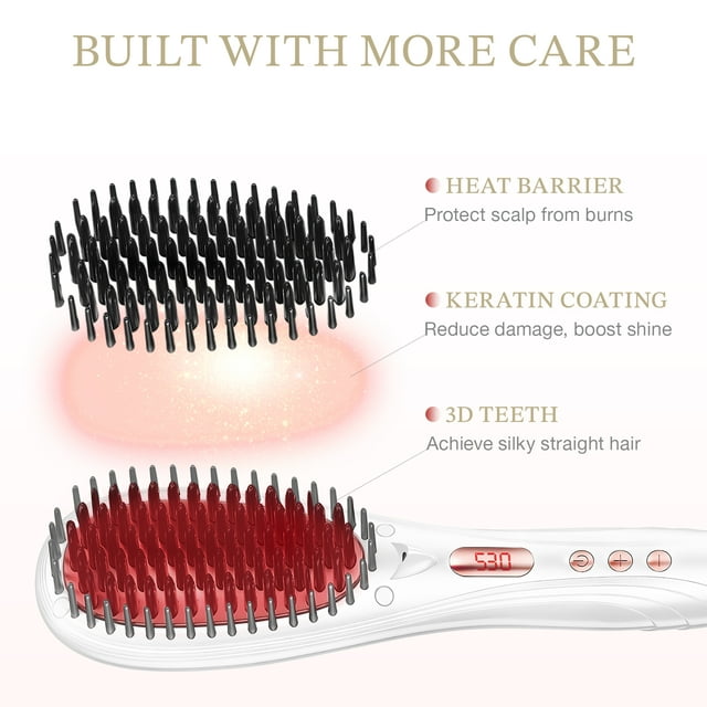 Jungle Wave Hair Straightener Brush, 2-in-1 Ceramic Ionic Straightening Brush, 15s Fast Heating, White