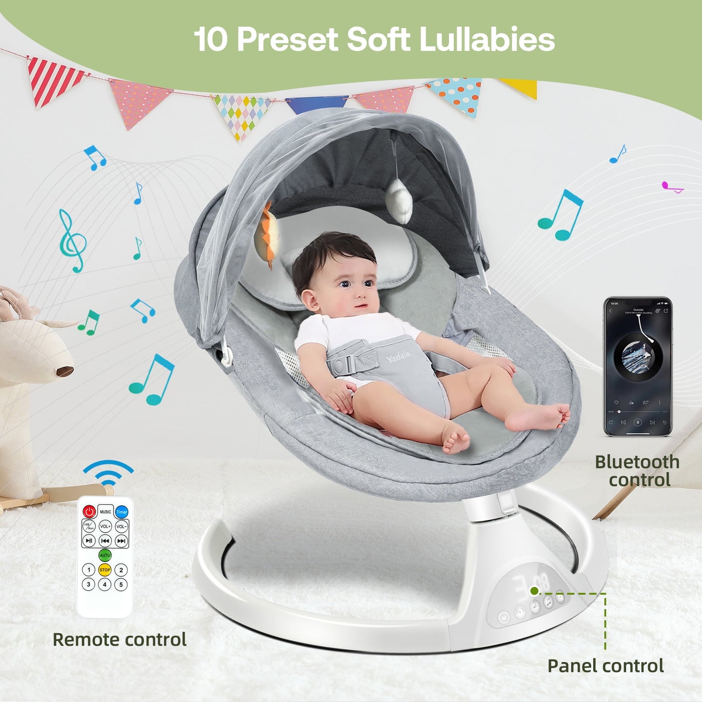 Baby Swing for Infants, Bluetooth Swing Electirc Baby Rocker Bouncer, Intelligent Auto Swing with 5 Speed, Gray
