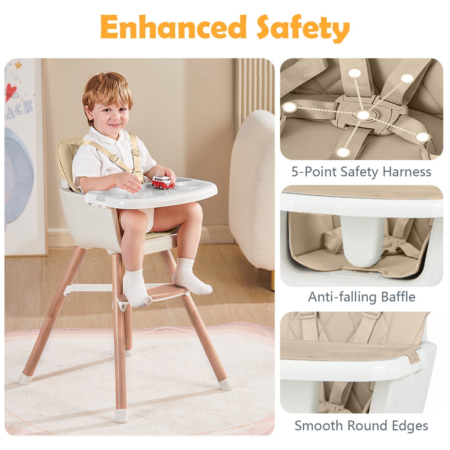 Yadala High Chair, 3-in-1 Convertible Wooden High Chair with Adjustable Legs & Removable Tray, Beige