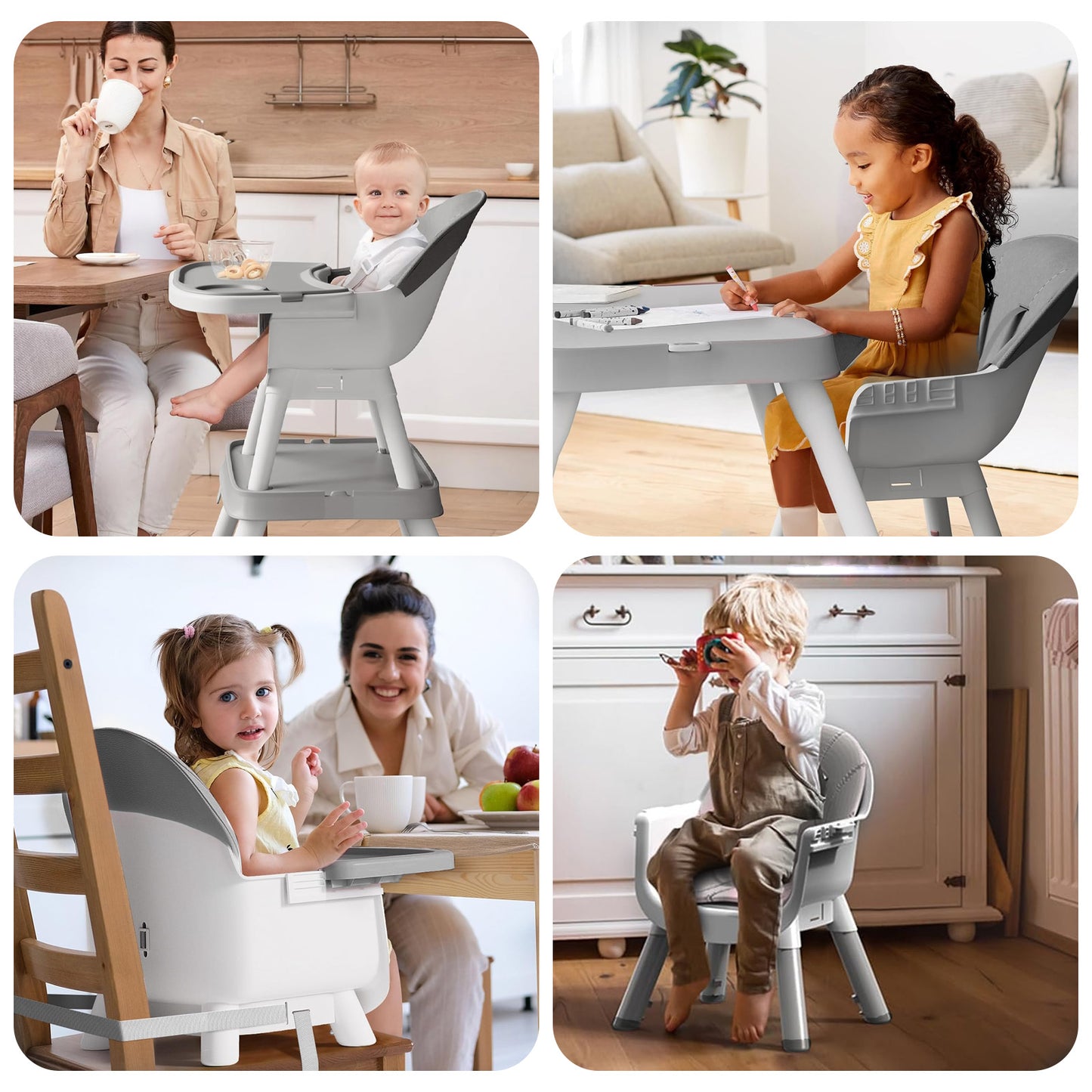 Yadala High Chair, 6 in 1 Convertible High Chairs with Removable Tray for Babies and Toddlers, Gray