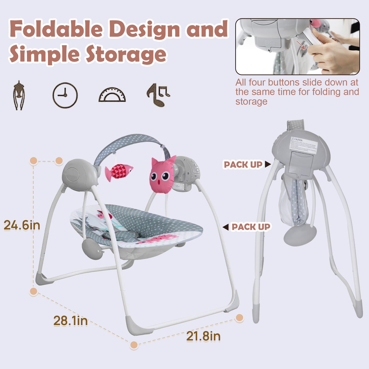 Yadala Baby Swing, Foldable Baby Swing for Infants with Adaptable Speeds, Music, 0-9 Months, Gray