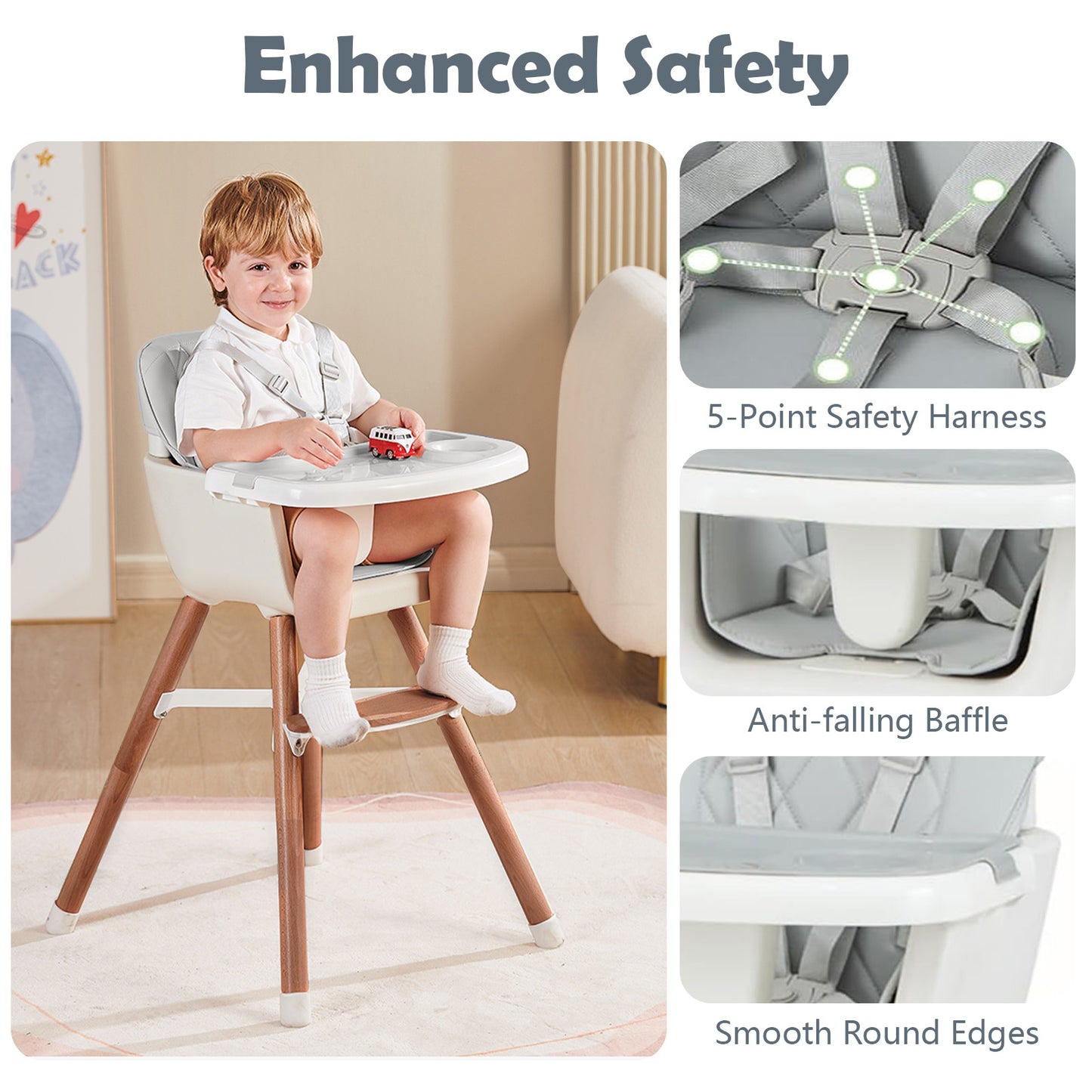 Yadala High Chair, 3-in-1 Convertible Wooden High Chair with Adjustable Legs & Removable Tray, Gray