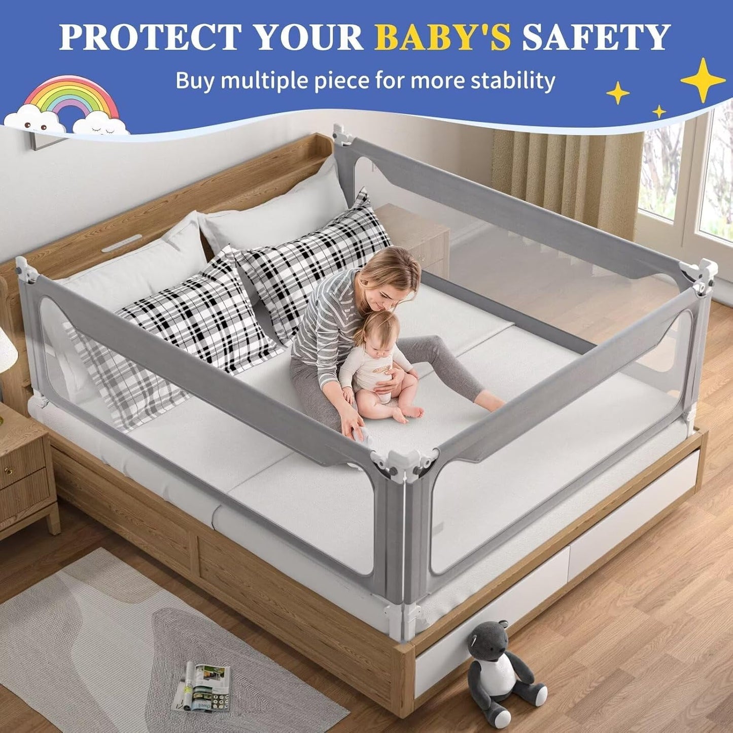 Bed Rail for Toddlers, Yadala Toddler Bed Rails with Double Child Lock for Queen King Bed, 70.8", 1PC, Gray