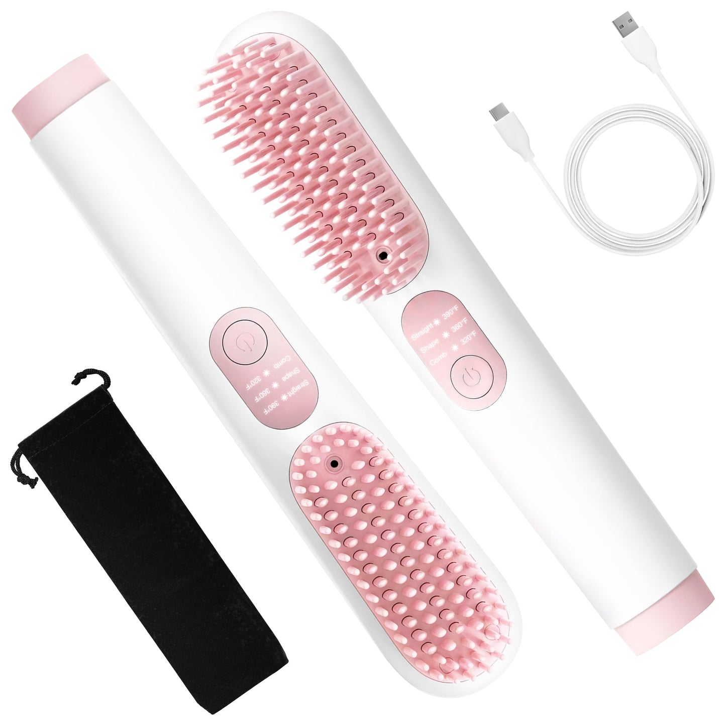 Cordless Hair Straightener Brush, Jungle Wave Portable Ionic Hot Straightening Comb for Travel, Pink
