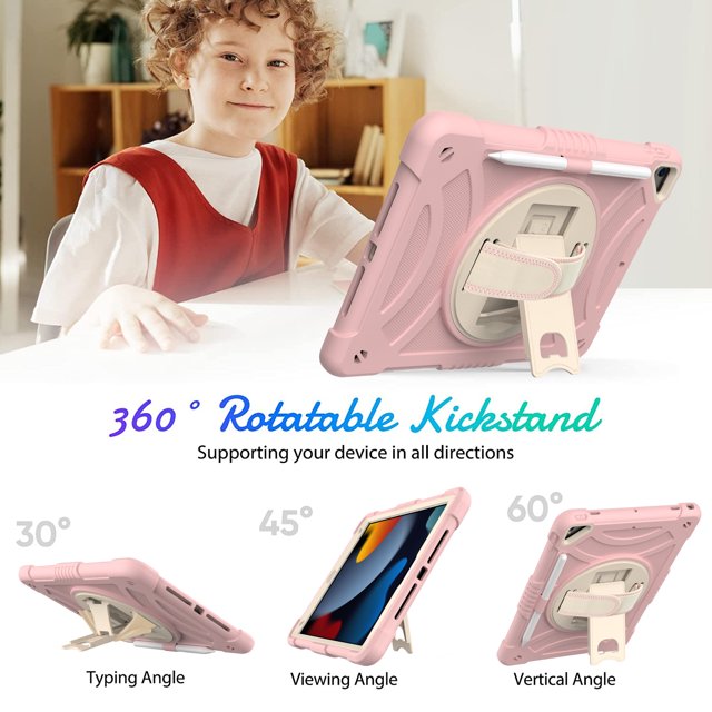 ROWFRO iPad 7th 8th 9th 10.2 Case Shield Screen Protector and Pencil Holder with Stand Hand Strap Pink