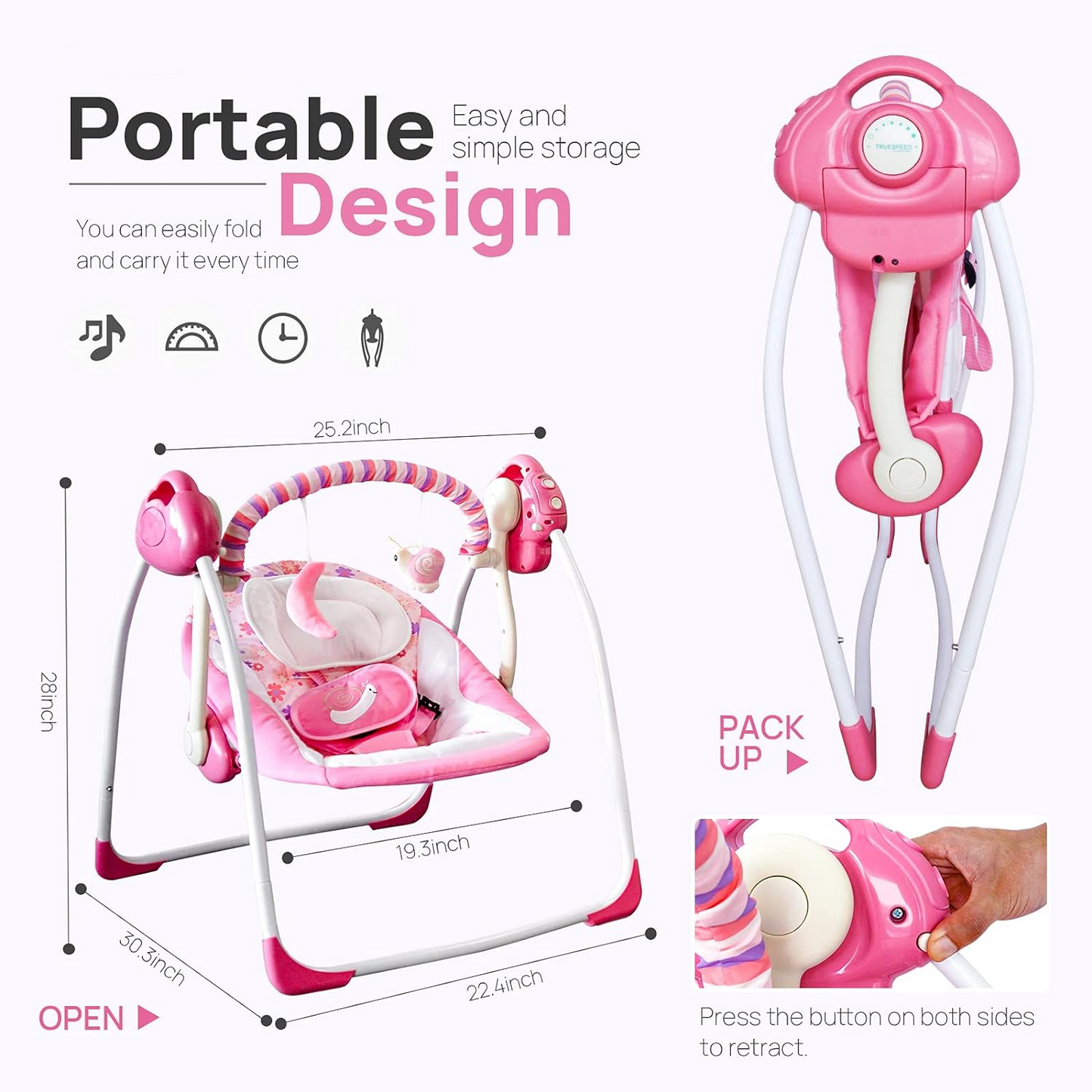 Yadala Baby Swing, Foldable Baby Swing for Infants with Adaptable Speeds, Music, 0-9 Months, Pink