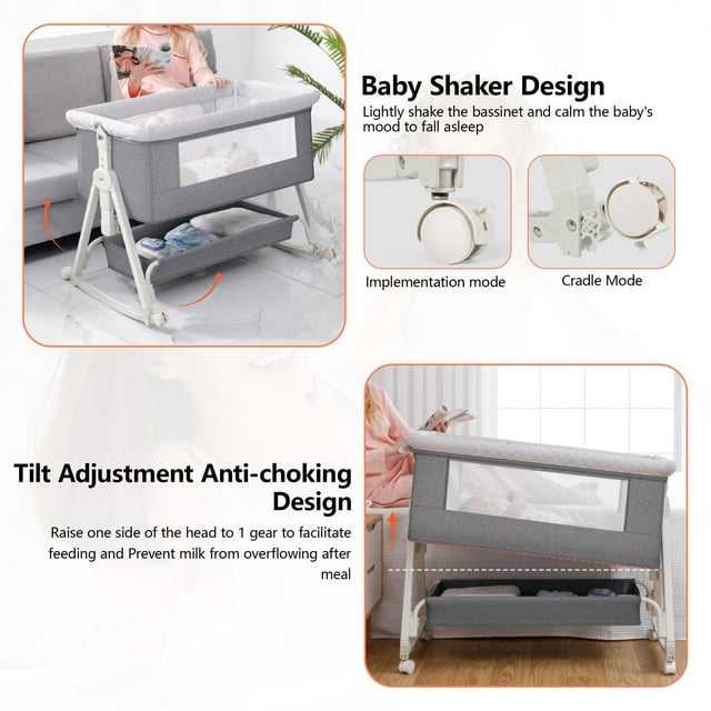 Yadala Baby Bassinet, 3 in 1 Bedside Sleeper with Storage Basket, Easy to Fold Bedside Crib, Gray