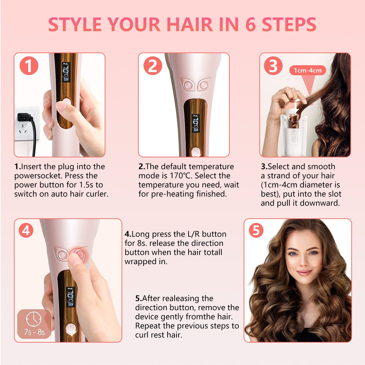 Auto Hair Curler,Automatic Curling Iron Wand with 1" Large Rotating Barrel & 8 Temperatures & LCD Display, Fast Heating Rotating Curling Iron with Auto Shut-Off for Hair Styling