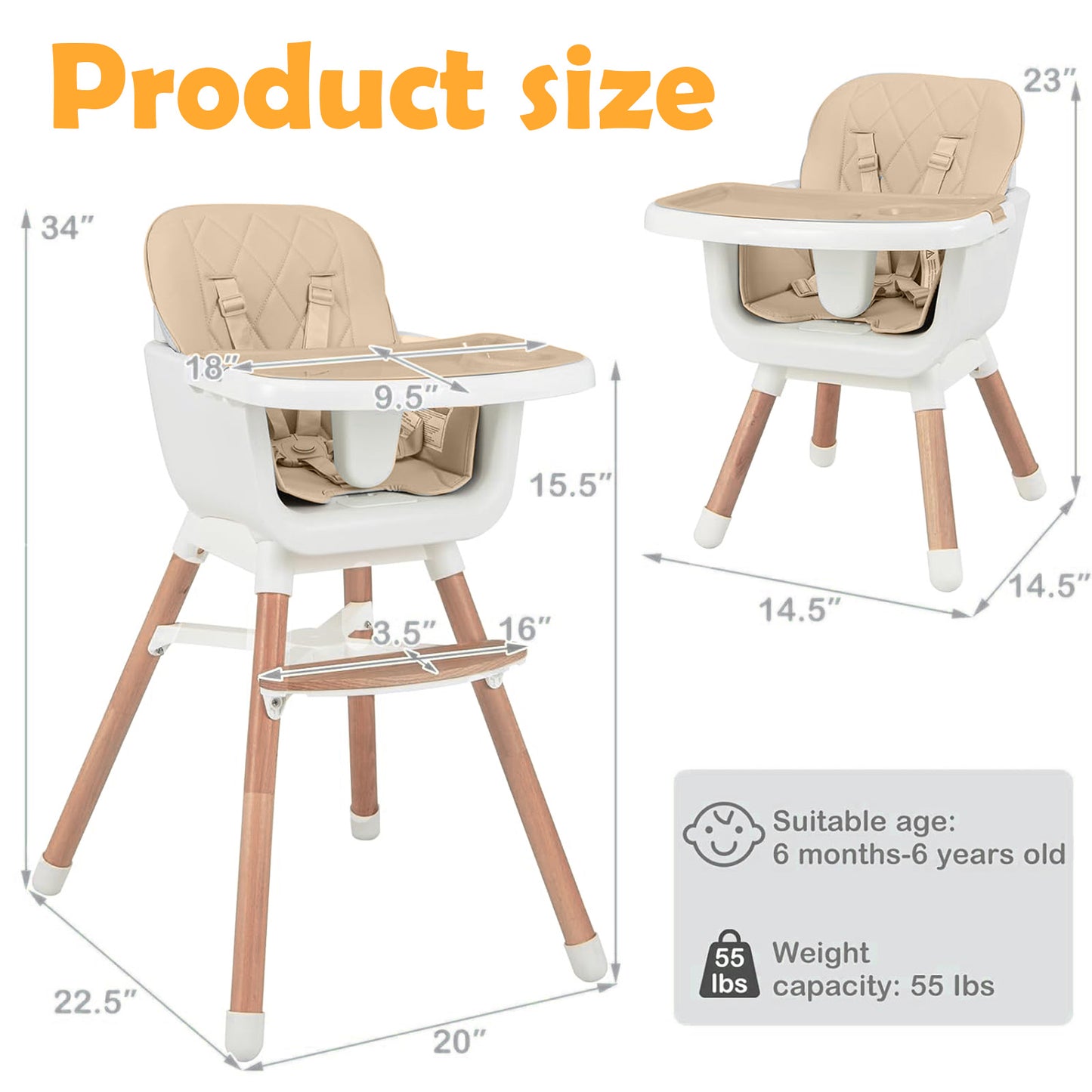 Yadala High Chair, 3-in-1 Convertible Wooden High Chair with Adjustable Legs & Removable Tray, Beige