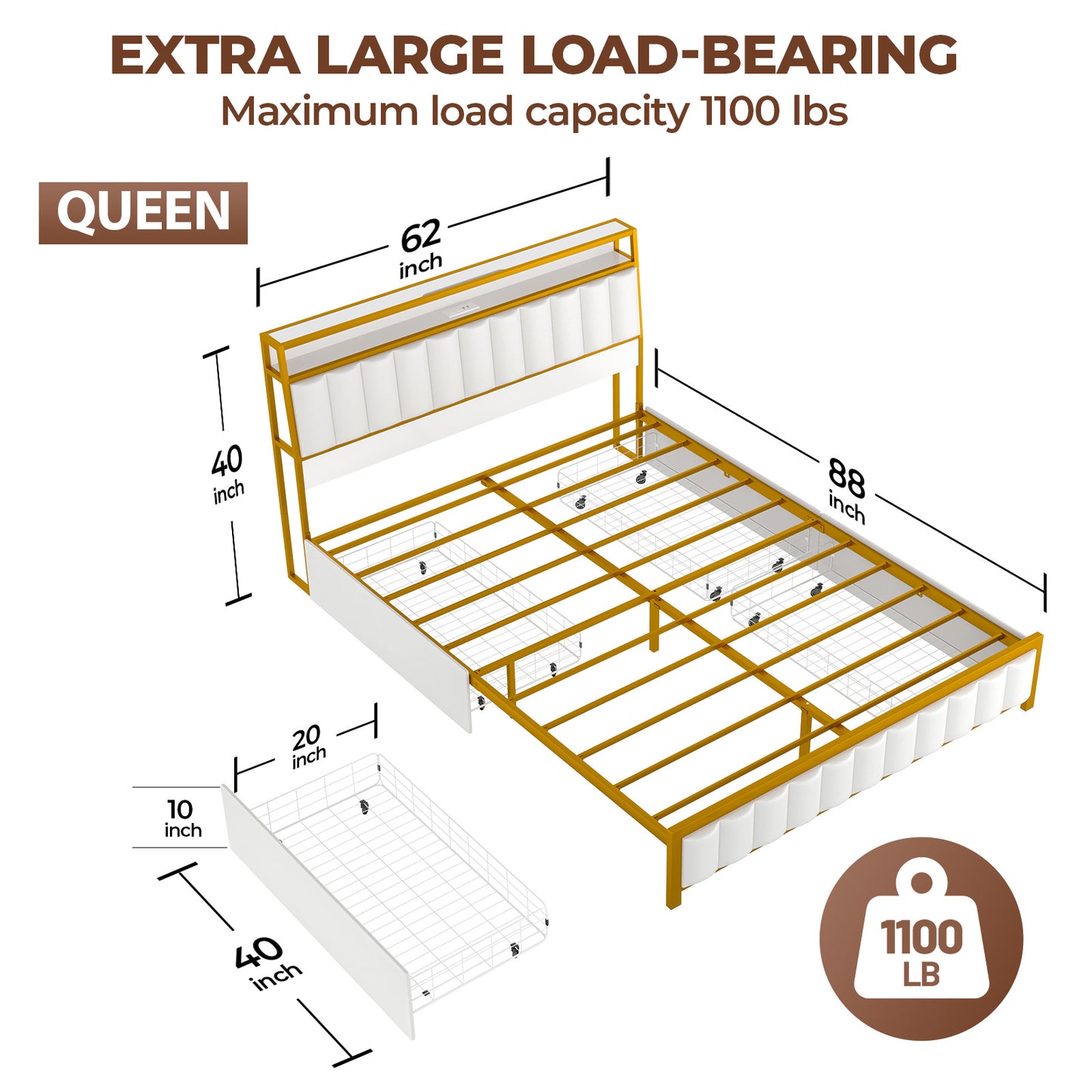 VIPLIVE Queen Bed Frame with Double Layer Faux Leather Upholstered Headboard and 4 Storage Drawers