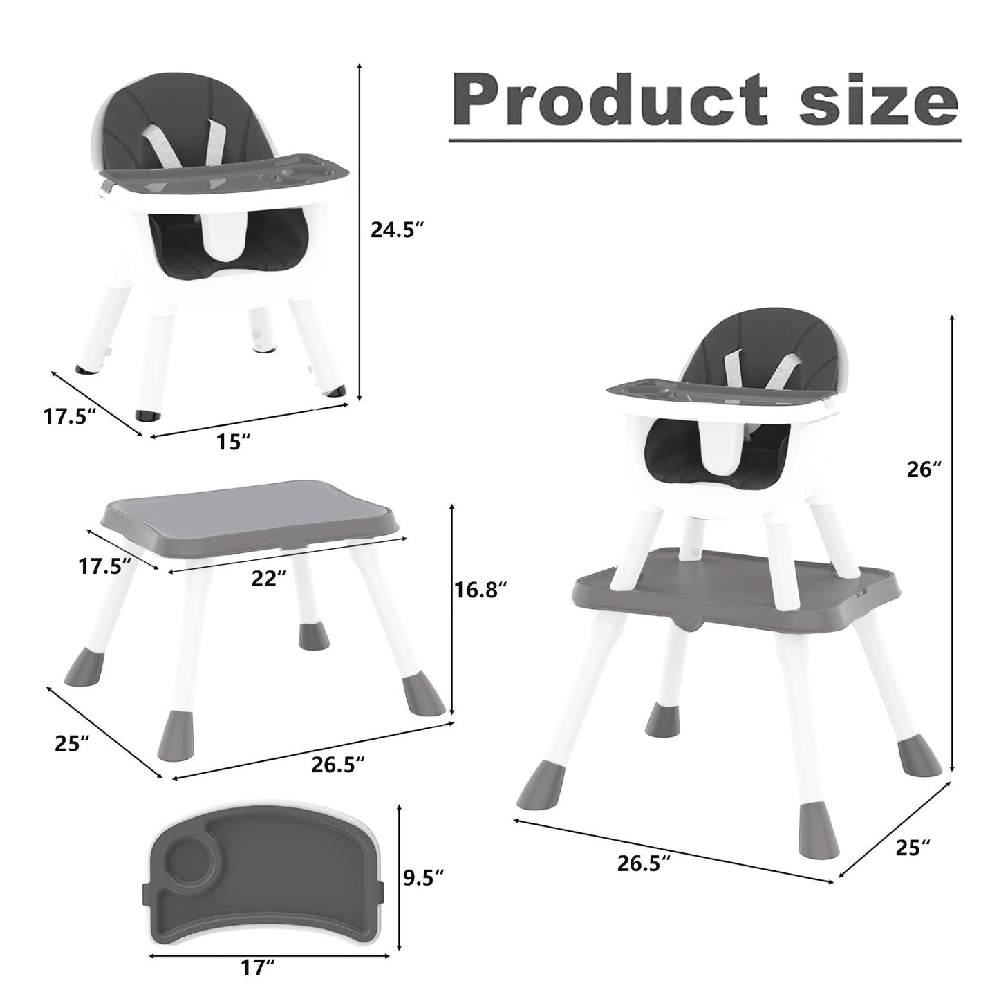 Yadala High Chair, 6 in 1 Convertible High Chairs with Removable Tray for Babies and Toddlers, Gray