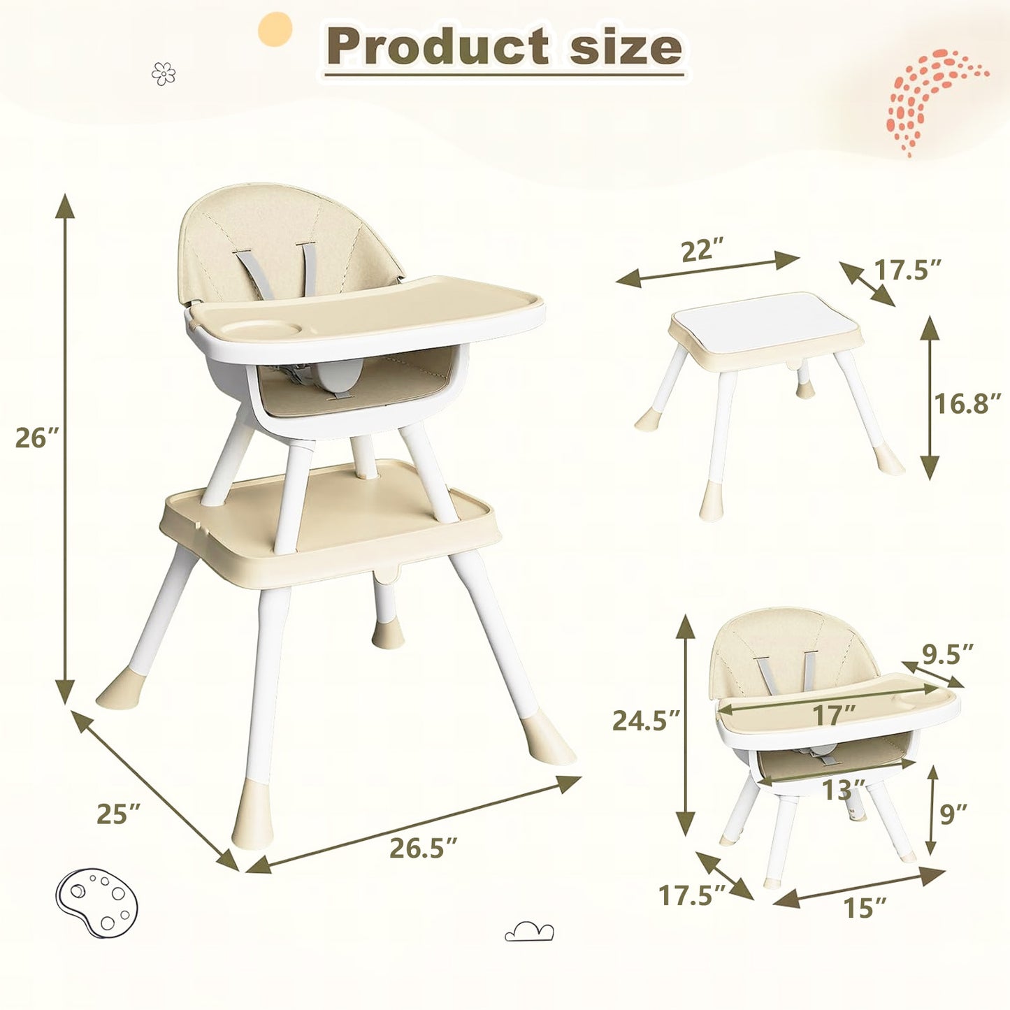 Yadala High Chair, 6 in 1 Convertible High Chairs with Removable Tray for Babies and Toddlers,Beige