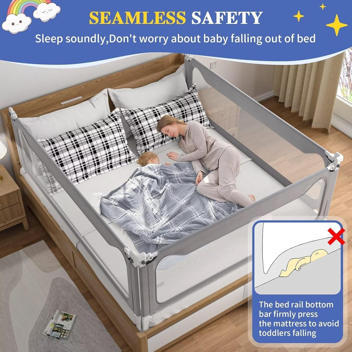 Bed Rail for Toddlers, Yadala Toddler Bed Rails with Double Child Lock for Queen King Bed, 70.8", 1PC, Gray
