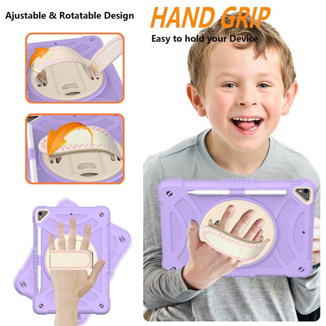 ROWFRO iPad 7th 8th 9th 10.2 Case Shield Screen Protector and Pencil Holder with Stand Hand Strap Purple