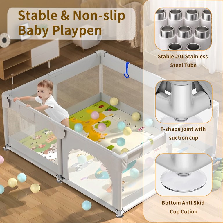 Baby Playpen for Babies and Toddlers, Yadala 48”×48” Indoor & Outdoor Baby Playard with Breathable Mesh, Gray