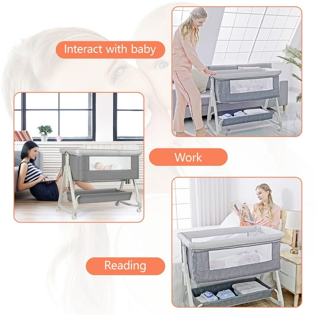 Yadala Baby Bassinet, 3 in 1 Bedside Sleeper with Storage Basket, Easy to Fold Bedside Crib, Gray