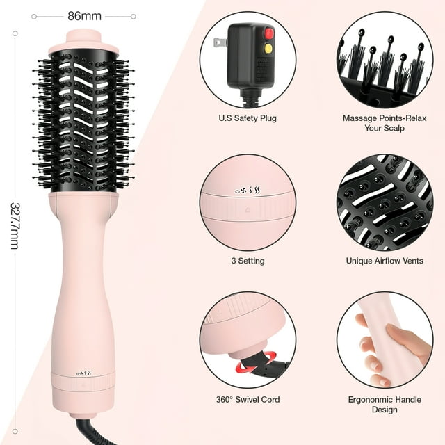 Hair Dryer Brush, Jungle Wave 3 in 1 Blow Dryer Brush and Styler Volumizer, Hot Air Brush for All Hair Types, Pink