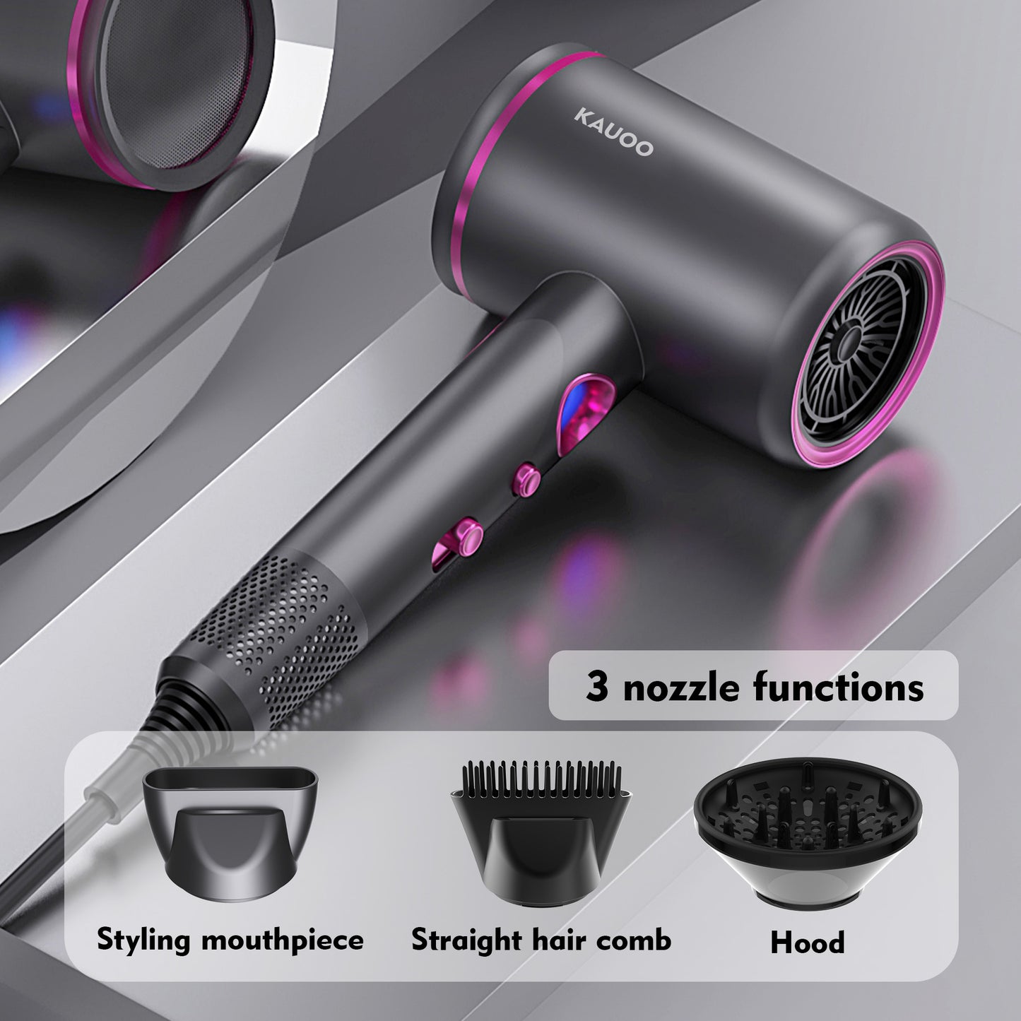 Hair Dryer,Kauoo Professional Ionic Blow Dryer Constant Temperature Hair Care,Fast Drying Low Noise Hairdryer with 3 Magnetic Attachments for Home,Travel and Salon,Grey