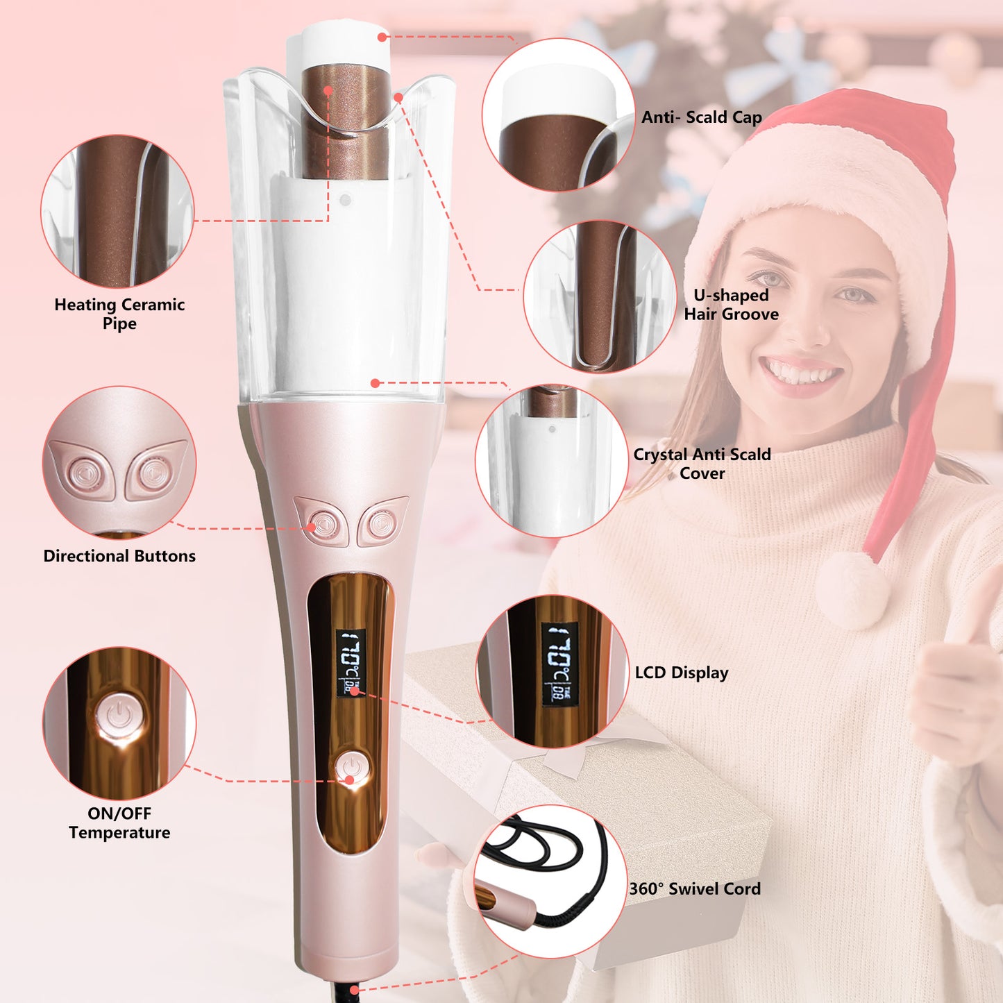 Auto Hair Curler,Automatic Curling Iron Wand with 1" Large Rotating Barrel & 8 Temperatures & LCD Display, Fast Heating Rotating Curling Iron with Auto Shut-Off for Hair Styling