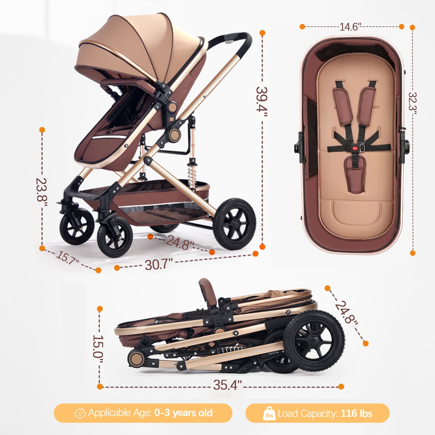 Baby Stroller, Yadala Foldable Baby Stroller 3 in 1 Convertible Bassinet Stroller for Newborn Toddler with Adjustable Backrest & Awning, Gray
