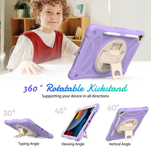 ROWFRO iPad 7th 8th 9th 10.2 Case Shield Screen Protector and Pencil Holder with Stand Hand Strap Purple