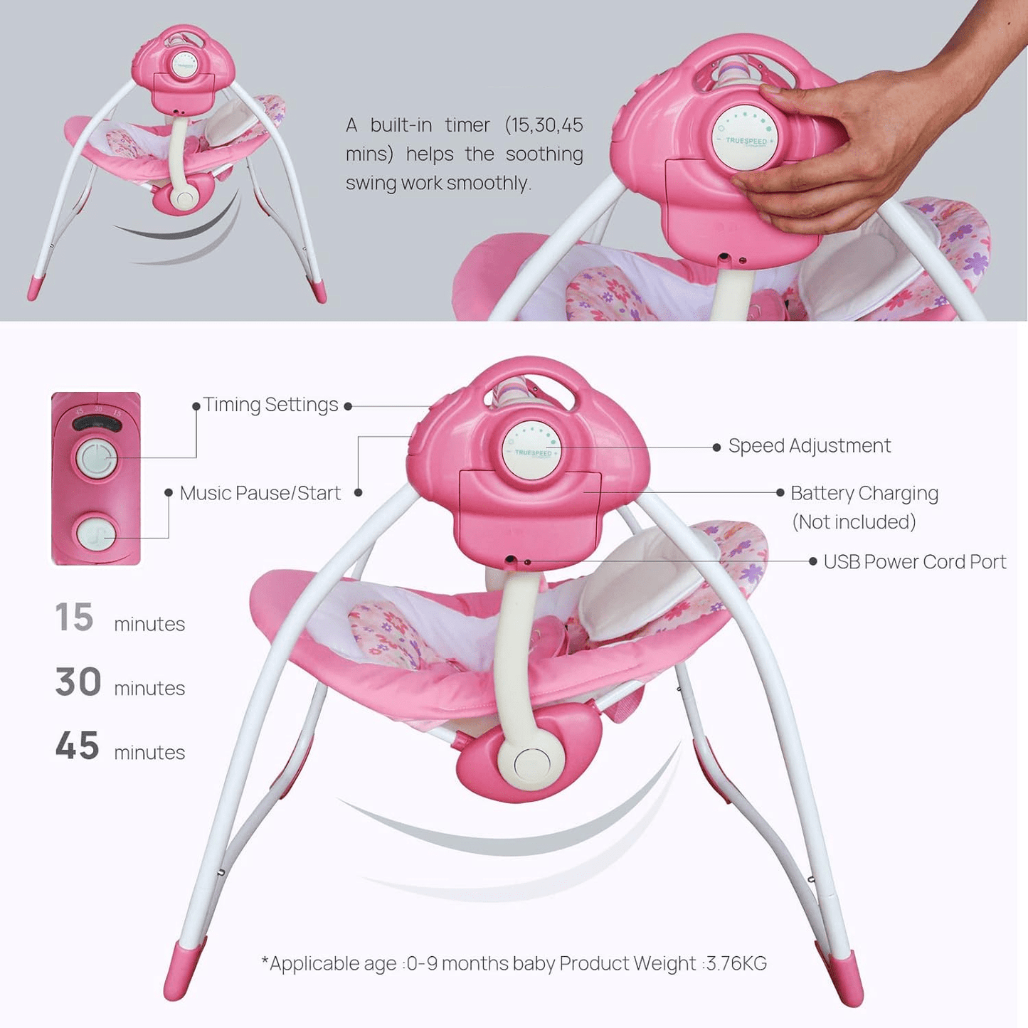 Yadala Baby Swing, Foldable Baby Swing for Infants with Adaptable Speeds, Music, 0-9 Months, Pink