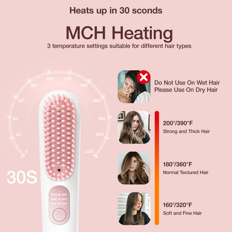 Cordless Hair Straightener Brush, Jungle Wave Portable Ionic Hot Straightening Comb for Travel, Pink