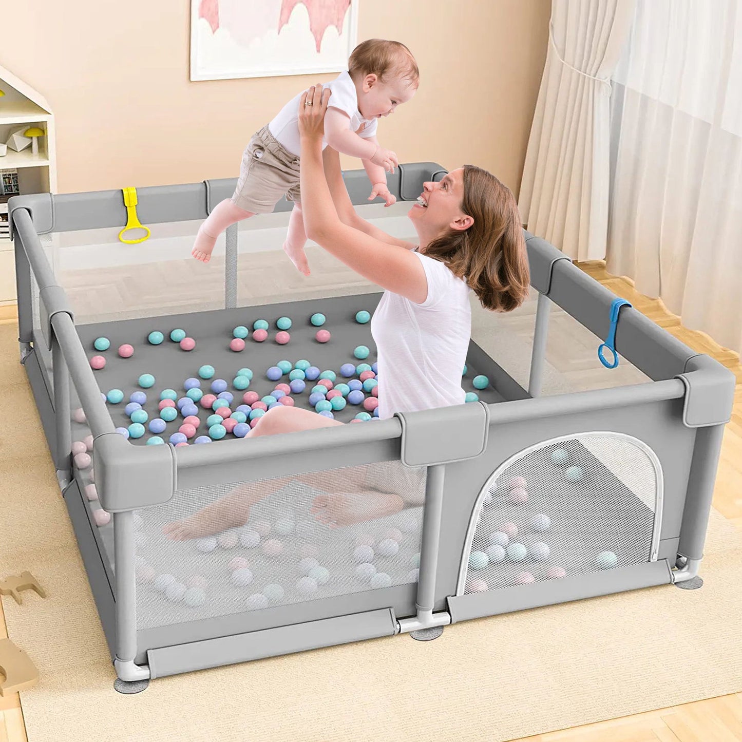 Baby Playpen for Babies and Toddlers, Yadala 48”×48” Indoor & Outdoor Baby Playard with Breathable Mesh, Gray