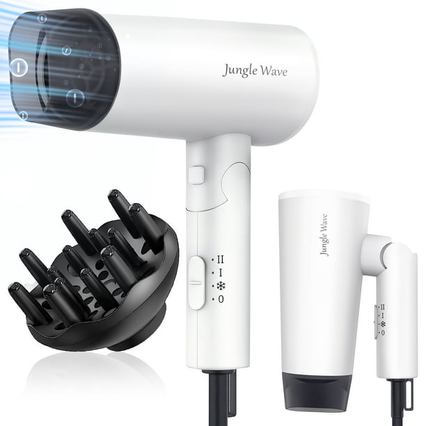 Jungle Wave Hair Dryer, 1875W Negative Ion Hair Dryer with Diffuser, Foldable Blow Dryer for Travel, White