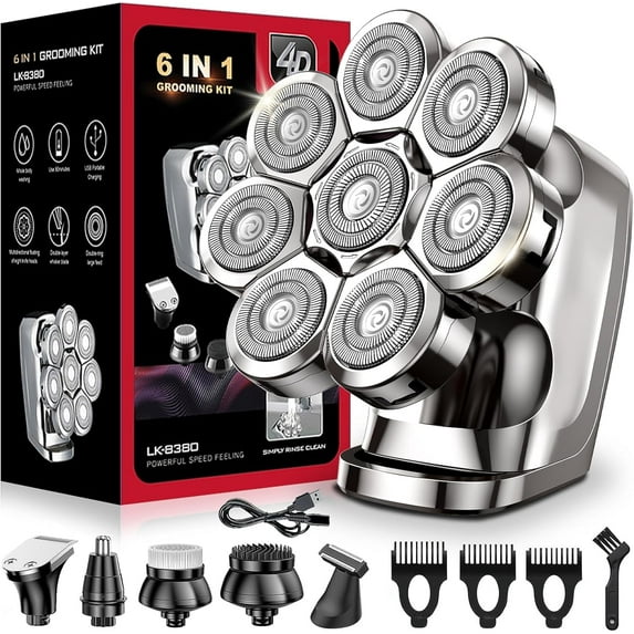SweetLF Head Shavers for Bald Men, 8D Rotary Detachable Balder Shavers 6-in-1, IPX7 Waterproof Dry Wet Rechargeable Electric Razor Grooming Kit for Men