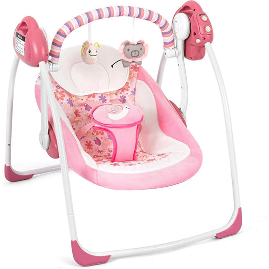 Yadala Baby Swing, Foldable Baby Swing for Infants with Adaptable Speeds, Music, 0-9 Months, Pink