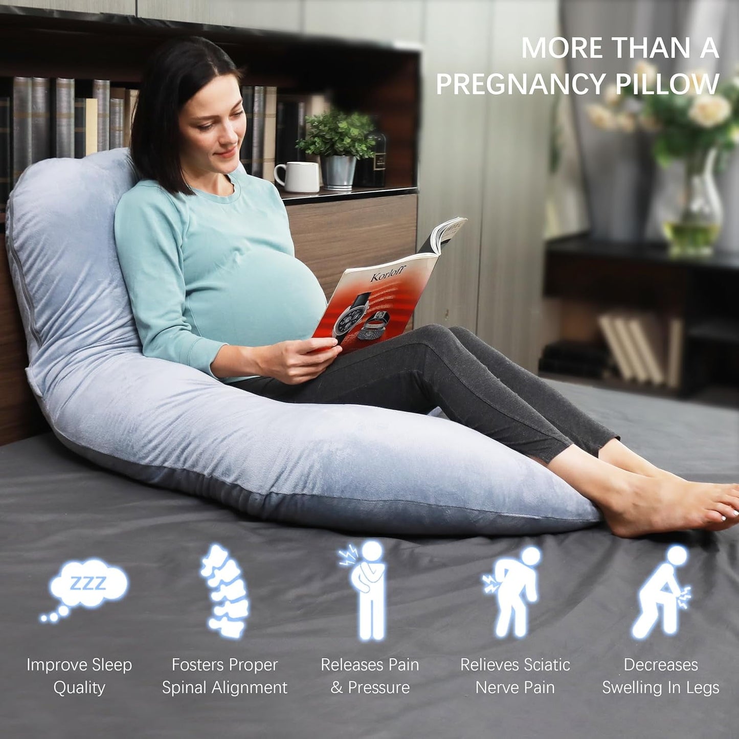 Yadala Pregnancy Pillows, U-Shape Full Body Maternity Pillow with Removable Cover for Adults Sleeping, 57 Inch, Grey & Black