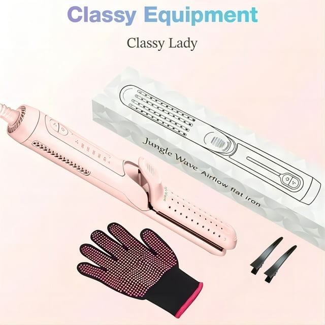 Jungle Wave Airflow Styler Hair Straightener and Curler - Ionic Flat Iron Curling Iron with 360° Cool Air Vents, Pink
