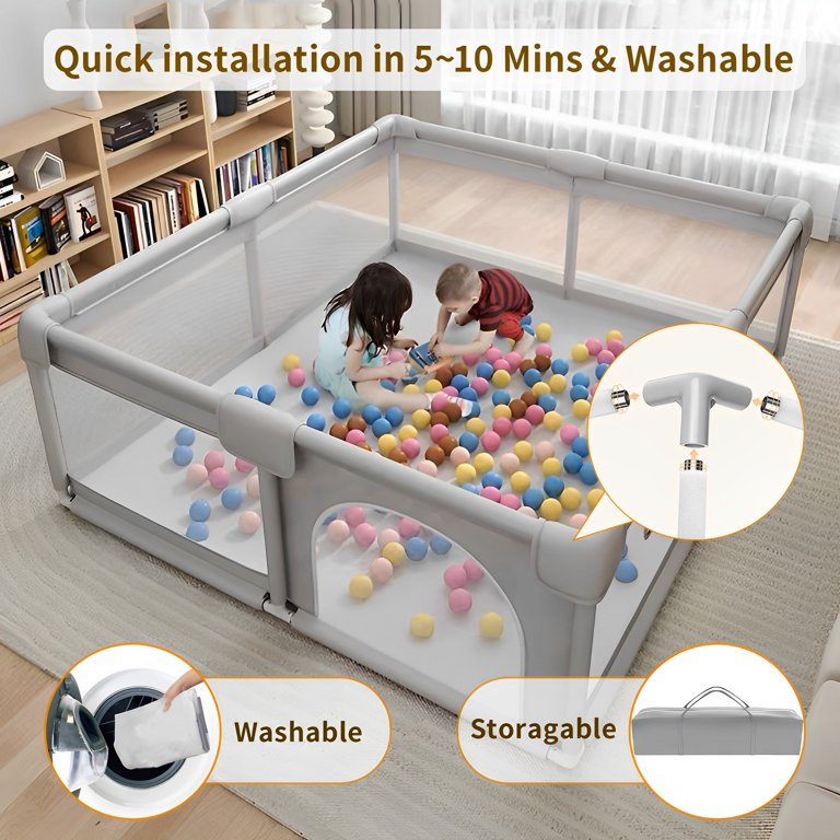 Baby Playpen for Babies and Toddlers, Yadala 48”×48” Indoor & Outdoor Baby Playard with Breathable Mesh, Gray
