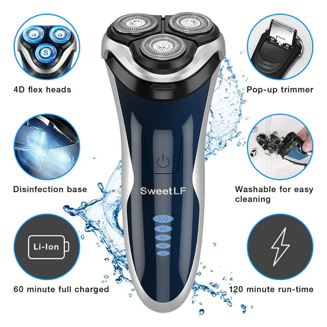 Electric Razor for Men, SweetLF [New] IPX7 Waterproof Electric Shaver for Men (Plus 3 Blades) with pop-up Beard Trimmer, Blue
