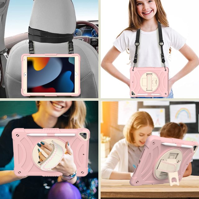 ROWFRO iPad 7th 8th 9th 10.2 Case Shield Screen Protector and Pencil Holder with Stand Hand Strap Pink