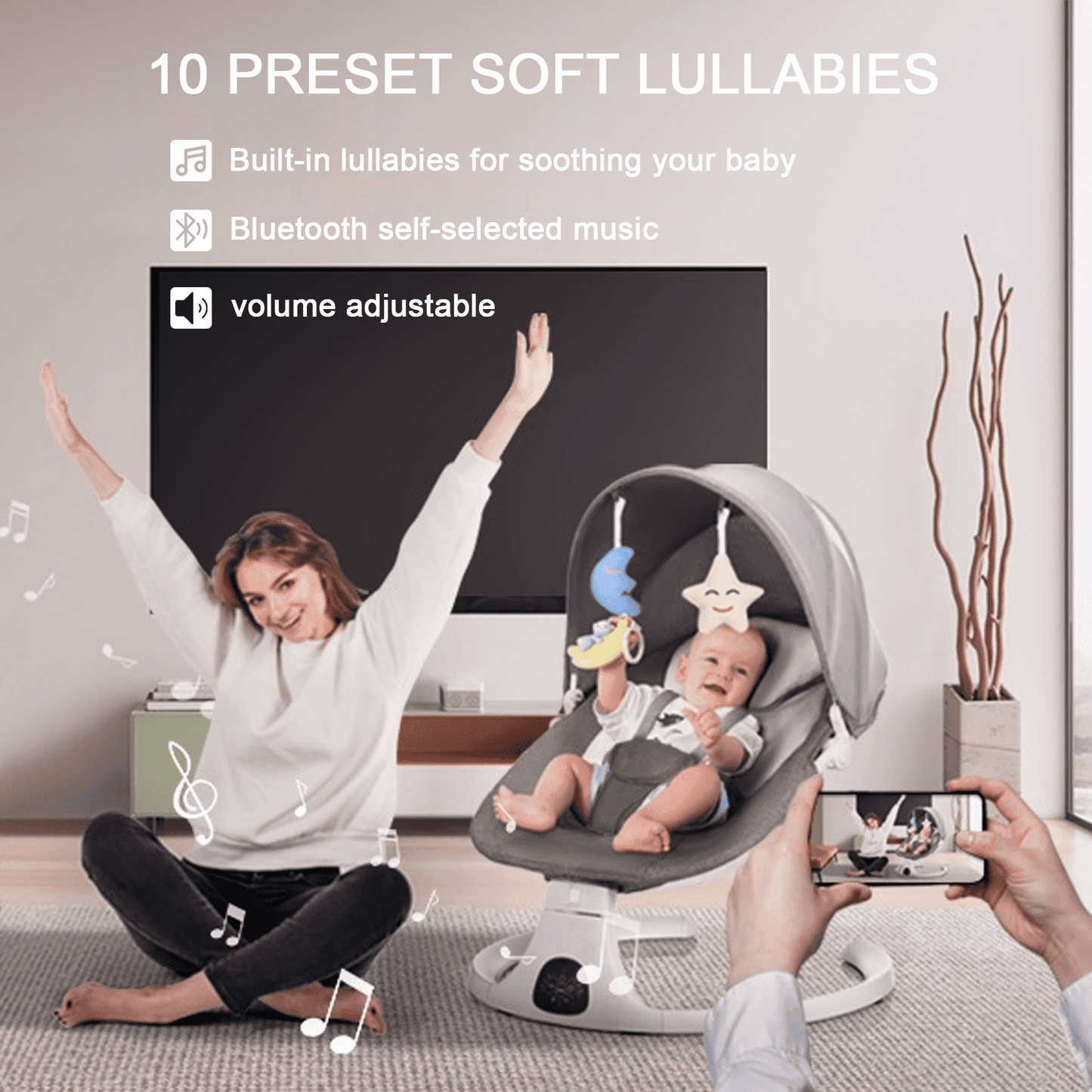 Electric Baby Swing for Infants Bouncer for Boy Girl with Remote Control, 5 Speeds, 10 Music, Gray