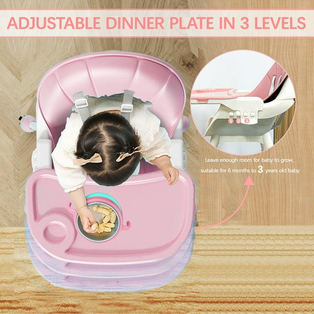 Yadala 3 in 1 High Chair, Convertible High Chairs for Babies and Toddlers with Removable Tray & PU Cushion, Pink