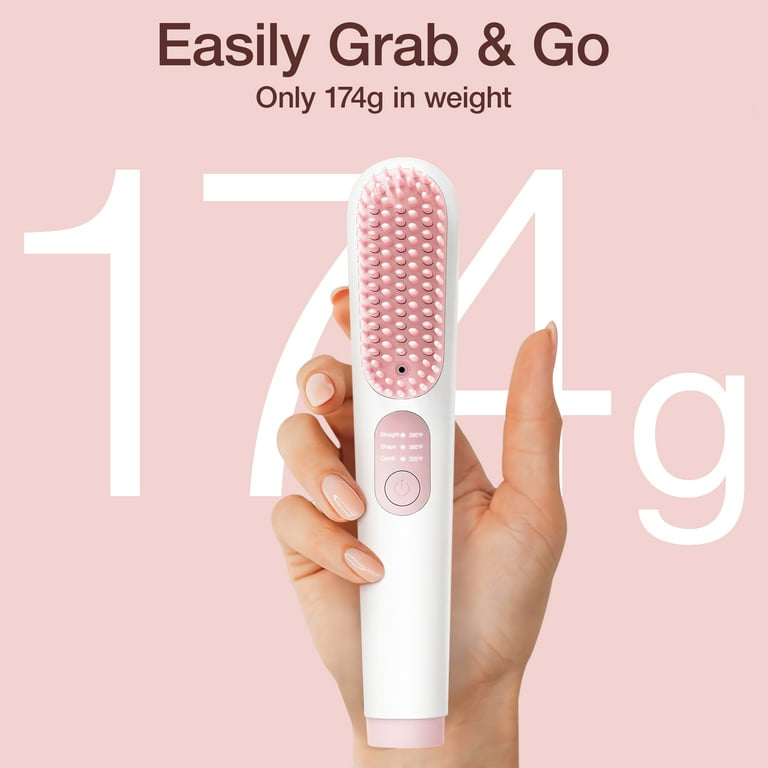 Cordless Hair Straightener Brush, Jungle Wave Portable Ionic Hot Straightening Comb for Travel, Pink