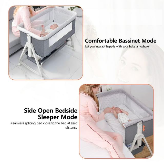 Yadala Baby Bassinet, 3 in 1 Bedside Sleeper with Storage Basket, Easy to Fold Bedside Crib, Gray