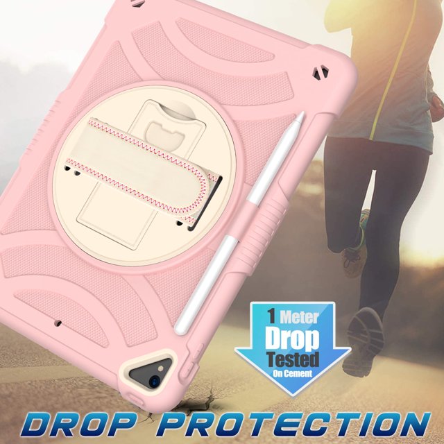 ROWFRO iPad 7th 8th 9th 10.2 Case Shield Screen Protector and Pencil Holder with Stand Hand Strap Pink