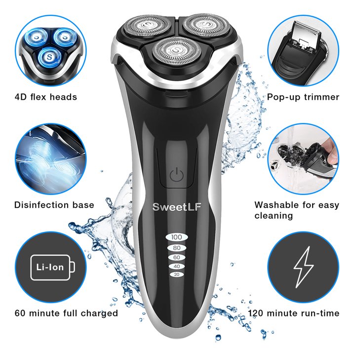 Electric Razor for Men, SweetLF [New] IPX7 Waterproof Electric Shaver for Men (Plus 3 Blades) with pop-up Beard Trimmer, Black