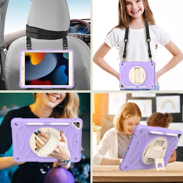 ROWFRO iPad 7th 8th 9th 10.2 Case Shield Screen Protector and Pencil Holder with Stand Hand Strap Purple
